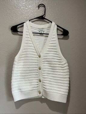 Song of Style White Knit V-Neck Button Vest Gold Buttons Sz M Sleeveless Boho